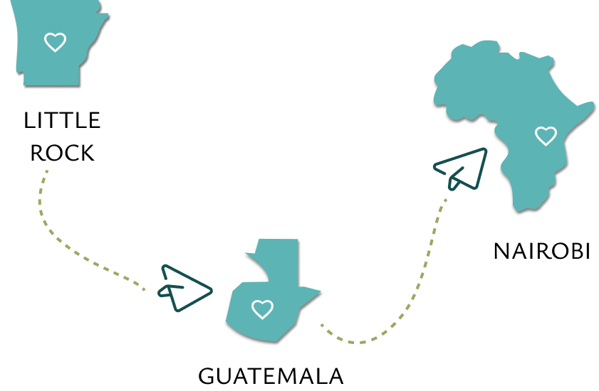 a journey map from little rock to guatemala to nairobi